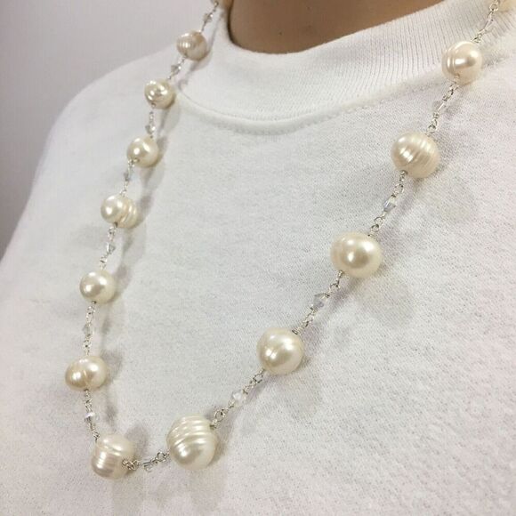 Baroque Pearl Necklace White Pearls AB Glass Beads Silver Tone Rosary Link 23in - Picture 7 of 10